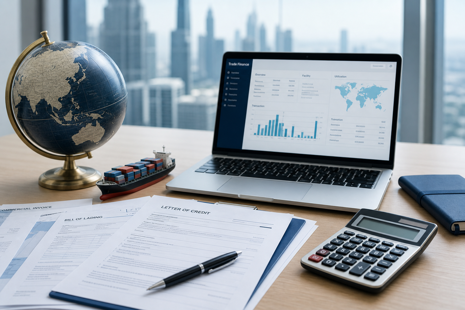 International trade finance documents — letter of credit, shipping documents, and laptop showing trade finance software