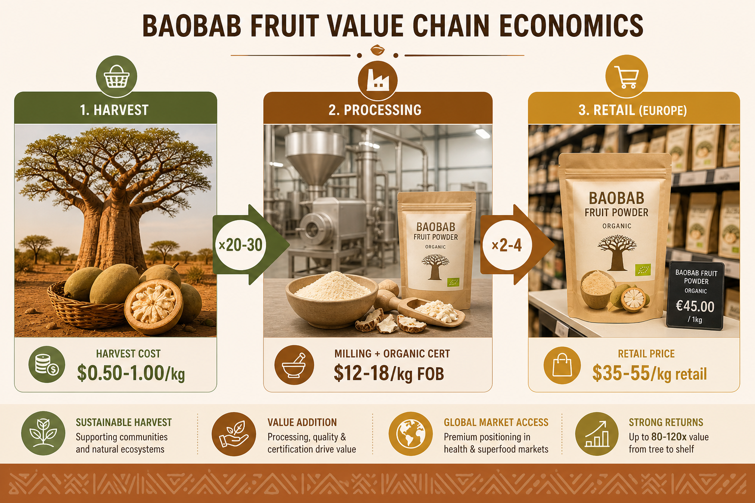 Baobab value chain — from harvest at $0.50/kg to European retail at $35-55/kg