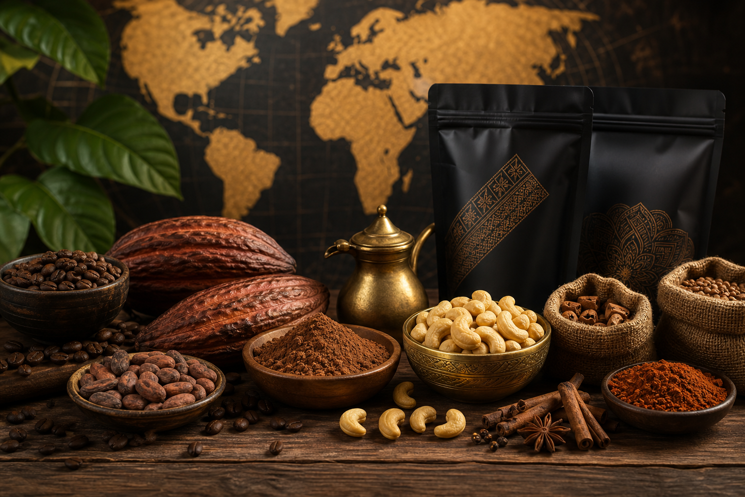 Premium African food exports — cocoa, coffee, cashews and spices arranged on an elegant surface with world trade backdrop